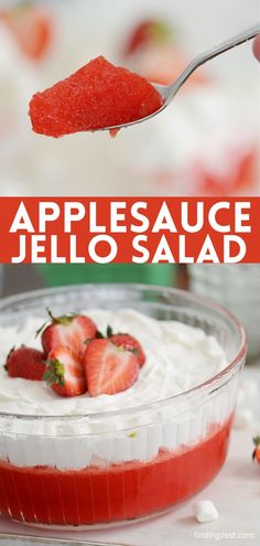 Top image: A closeup of a spoon with a red jello salad on it. Bottom image: A layered jello salad with a pink jello bottom topped with fluffy cool whip whopped topping and mini marshmallows and strawberries are a garnish. Recipes With Orange Jello, Strawberry Applesauce Jello, Applesauce Jello, Strawberry Jello Salad, Easy Holiday Side Dishes, Cinnamon Applesauce, Tasty Appetizers, Orange Jello, Light Dessert