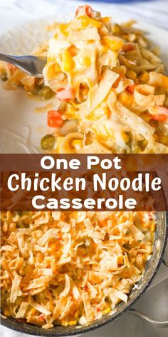 one pot chicken noodle casserole in a skillet