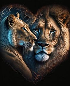 two lions face each other in front of a heart