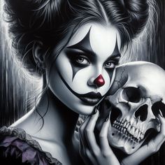 a painting of a woman with makeup holding a skull and wearing a clown make up