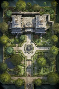 an aerial view of a park with many trees and buildings in the middle of it