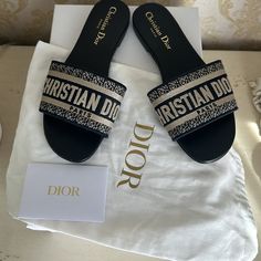 Worn A Few Times. Comes With Dust Bag And Box. Offers Of Half Off Or More Ignored Or Declined. Please Understand, That The Color May Vary Due To The Lighting When Taking The Pictures. Dior Shoes, Pool Slides, Slip On Sandal, Christian Dior, Shoes Flats, Dust Bag, Color Blue, Dior, Size 6