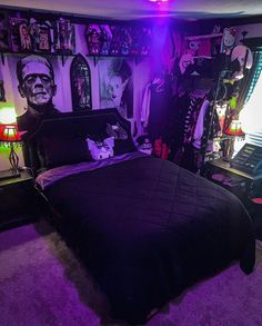 a bed room with a neatly made bed and purple lighting