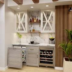 a kitchen with white marble counter tops and wooden ceiling beams, wine rack in the center