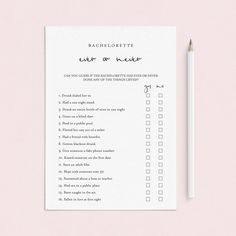 a printable bachelor party checklist with a pencil next to it on a pink background