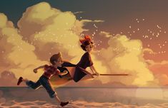 two people are flying through the air on a broom over water with clouds in the background