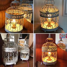 four different pictures of an old fashioned birdcage with candles in it's cages