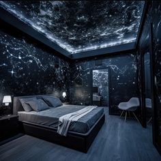 a large bed sitting in a bedroom under a sky filled with stars on the ceiling