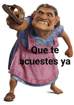 a cartoon character holding a baseball bat in one hand and the words que te acuestes ya on it