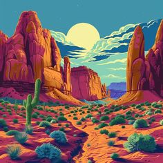 a desert scene with cactus and mountains in the background