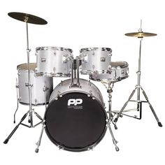 a silver drum set sitting on top of a white background