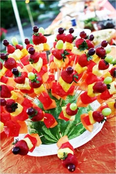 a plate full of fruit skewers sitting on top of a table