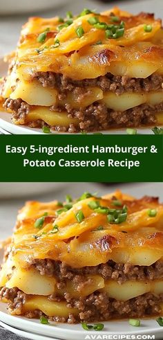 two plates with lasagna casserole stacked on top of each other and topped with cheese