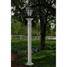 a white lamp post in the middle of a grassy area next to a tree and fence