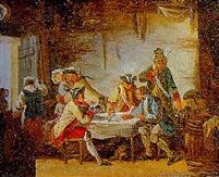 an old painting of people eating and drinking at a table with other people standing around