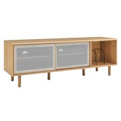 the sideboard has two doors and is made out of wood with metal mesh panels