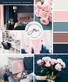 a collage with pink and blue colors