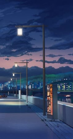 an anime scene at night with the city lights in the distance and clouds in the sky