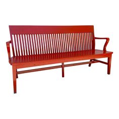 a red wooden bench sitting on top of a white background