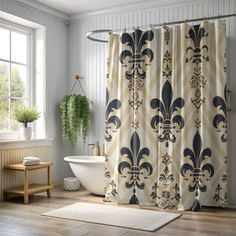 a bath room with a tub and a shower curtain