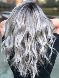 Silver Gray Blonde Hair, Silver Hair With Dimension, Silver Hair With Dark Shadow Root, Dimensional Silver Hair, White Silver Hair Color, Platinum Grey Hair Silver, Smokey Gray Hair Color, Silver Hair With Shadow Root, Ashy Silver Hair