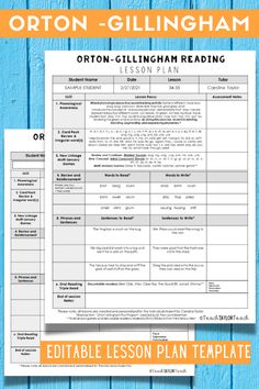 the orton - gillingham reading lesson plan is shown on a blue wooden background