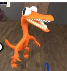 an animated orange dinosaur with big teeth and large eyes