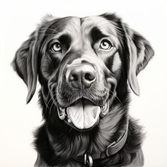 a black and white drawing of a dog's face with it's tongue out