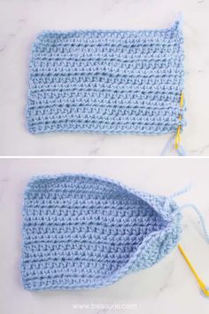 the crocheted bag is being worked on with yarn and thread to make it look like