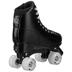 the roller skates are black with white wheels