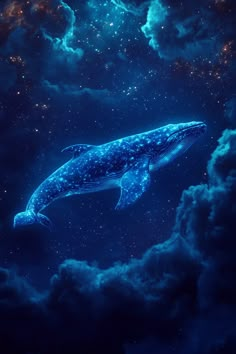 a blue whale floating in the sky with clouds