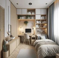 a bedroom with a bed, desk and shelves