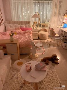 a bedroom with white carpet and pink bedding