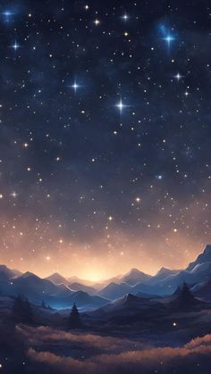 the night sky is filled with stars and clouds, as well as some mountains are in the foreground