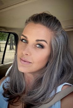 Blending Grey Hair With Brown, Blending Brown And Grey Hair, Ash Blonde Gray Hair Color Ideas, Thinning Hair Styles For Women Balding, Grey Hair Blending Brunette, Blending Grey Hair With Dark Hair, Brunette To Gray Hair Transition, Grey Transition Hair Highlights, Blending Gray Hair Brunettes