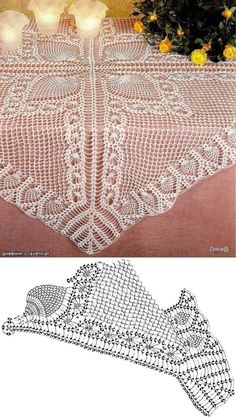 an old crocheted tablecloth with flowers in the background and another photo of it