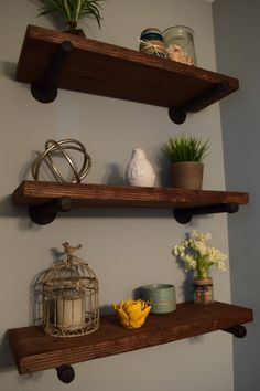 two wooden shelves with plants and vases on them