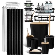 an assortment of black and white bathroom accessories