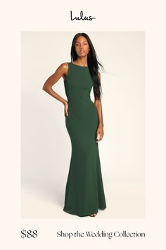 a woman in a long green dress with the words shop the wedding collection on it