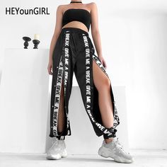 Split Casual Loose Black Pants Capris Elastic High Waist Trousers Letter Print High Street Sweatpants Joggers L0069 Loose Black Pants, Look Grunge, High Waist Trousers, Joggers Womens, Style Streetwear, Kpop Outfits, High Waisted Trousers, Dance Outfits, Festival Outfits