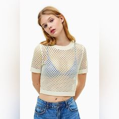 Short, Crochet-Look Top In A Soft Hole Knit. Round Neckline, Short Sleeves, And Ribbing At Neckline, Cuffs, And Hem ~ H&M. It Can Fit A Size (Xs). It Has Only Been Tried On Once And Has Not Been Worn Out. It Will Not Come In A H&M Bag. It Will Be Wrapped In Bubble Wrap Which Will Then Be Placed In A Brown Box For Shipping. Cropped Crochet Top With Textured Knit, Open Knit Short Sleeve Top, Fitted Crew Neck Knitted Tops, Fitted Fine Knit Summer Sweater, Chic Summer Knit Mesh Top, Trendy Summer Mesh Top With Crew Neck, Chic Knit Mesh Top For Summer, Fitted Pointelle Knit Tops For The Beach, Fitted Pointelle Knit Tops For Beach