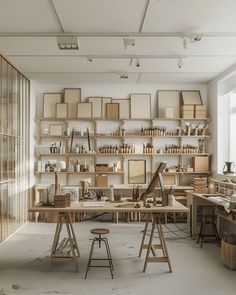 an artist's studio with lots of wooden workbenches and shelves filled with art supplies