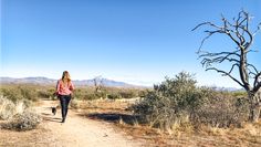 a woman walking down a dirt road next to a dead tree in the middle of nowhere