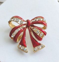 Vintage Fancy Red Enamel Rhinestones Ribbon Bow Brooch Pin Jewelry Gift Holiday | eBay