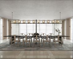 a dining room table and chairs in front of a large window with candles on it