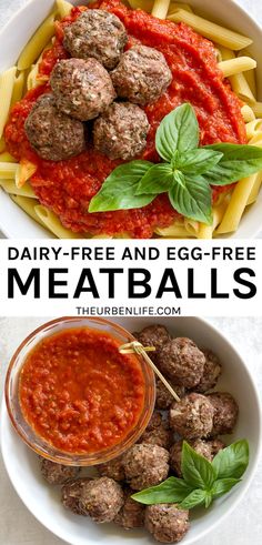 meatballs with tomato sauce and basil leaves in a white bowl next to pasta on a plate