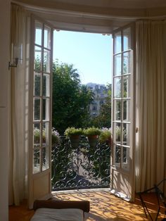 an open door leading to a balcony with potted plants on the windowsills