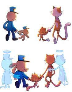 cartoon cats and kittens in different poses with hats, tails and tails on their heads