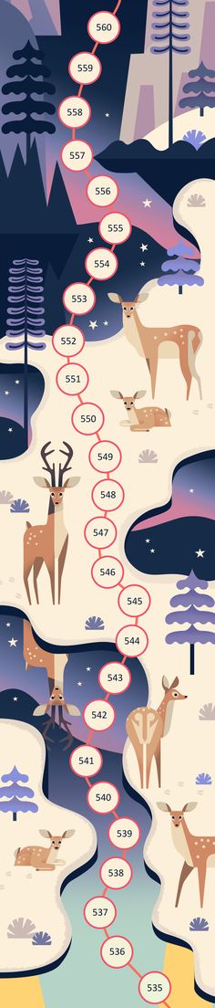 an illustrated poster with deer in the snow and trees on the other side of it