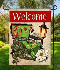 a welcome sign with an alligator and bird on it